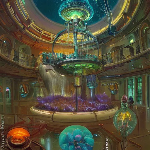 Image similar to fish eye lens a bright minimalist bioluminescent oil painting by donato giancola, warm coloured, cinematic scifi luxurious futuristic foggy steam filled victorian garden mall interior with microscopy radial windows flowers growing out of pretty bulbous ceramic fountains, gigantic pillars and flowers, maschinen krieger, beeple, star trek, star wars, ilm, atmospheric perspective