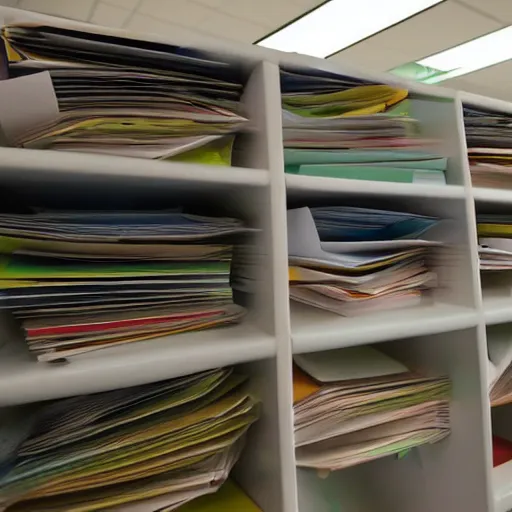 Prompt: cubicle full of stacks of papers