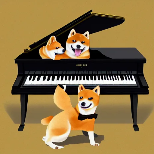 Prompt: shiba inu in a tuxedo playing a grand piano, digital art, 8 k, high detailed