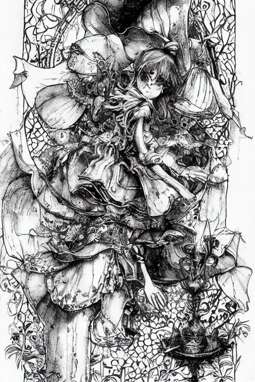 Image similar to Magical Alice in wonderland tarot card , pen and ink, intricate line drawings, by Yoshitaka Amano, Ruan Jia, Kentaro Miura, Artgerm, watercolor