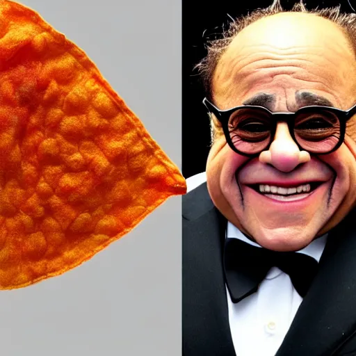 Image similar to danny devito with skin made out of a dorito