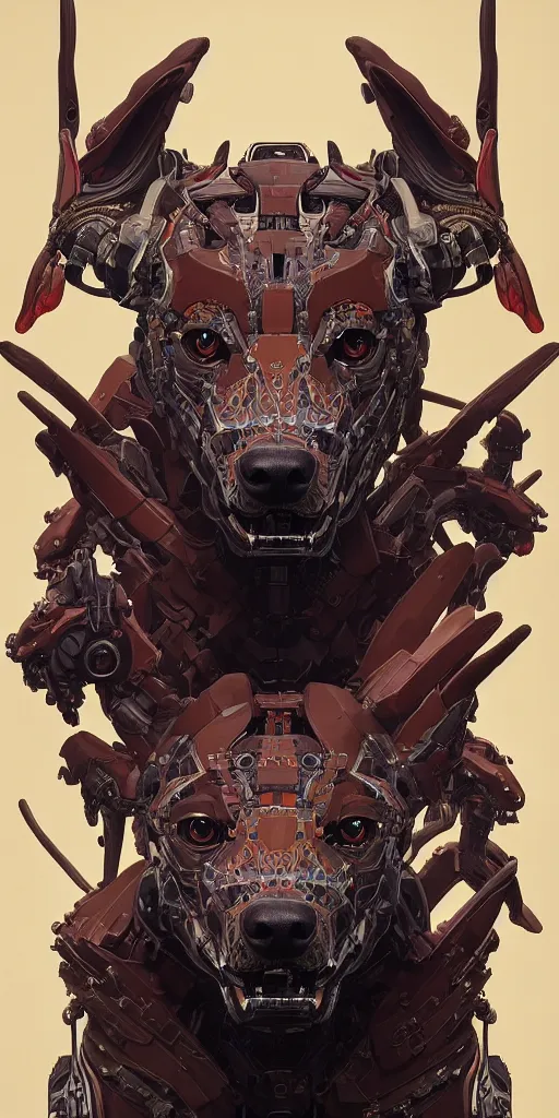 Image similar to symmetry!! portrait of a hybrid robot cerberus hell hound, floral! horizon zero dawn machine, intricate, elegant, highly detailed, digital painting, artstation, concept art, smooth, sharp focus, illustration, art by artgerm and greg rutkowski and alphonse mucha, 8 k