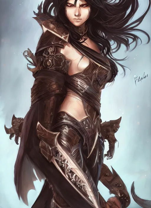 Image similar to beautiful warrior lady, black long hair, practical armor, brown skin, demonic eyes, low fantasy, extremely detailed, sharp focus, smooth, digital illustration, by rossdraws, frank franzzeta, sakimichan