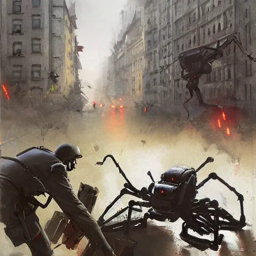 Image similar to spider robots terrorise streets of weimar germany and attack freikorps soldier, heavy street battle, pile of bodies, art by greg rutkowski and jakub rozalski