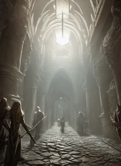 Image similar to castle hallway, ultra detailed fantasy, elden ring, realistic, dnd, rpg, lotr game design fanart by concept art, behance hd, artstation, deviantart, global illumination radiating a glowing aura global illumination ray tracing hdr render in unreal engine 5