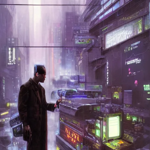 Prompt: cyberpunk dream thief, wires, machines, digital displays, computers, dark moody noir, painted by howard david johnson and james gurney