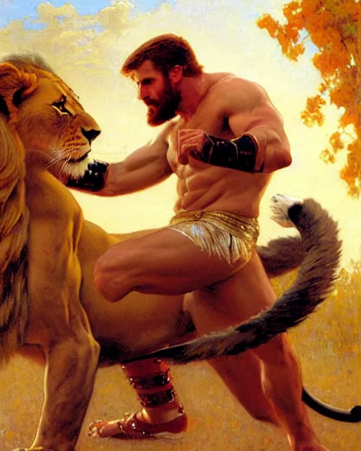 Prompt: handsome gladiator chris evans wrestling a lion, painting by gaston bussiere, craig mullins, j. c. leyendecker