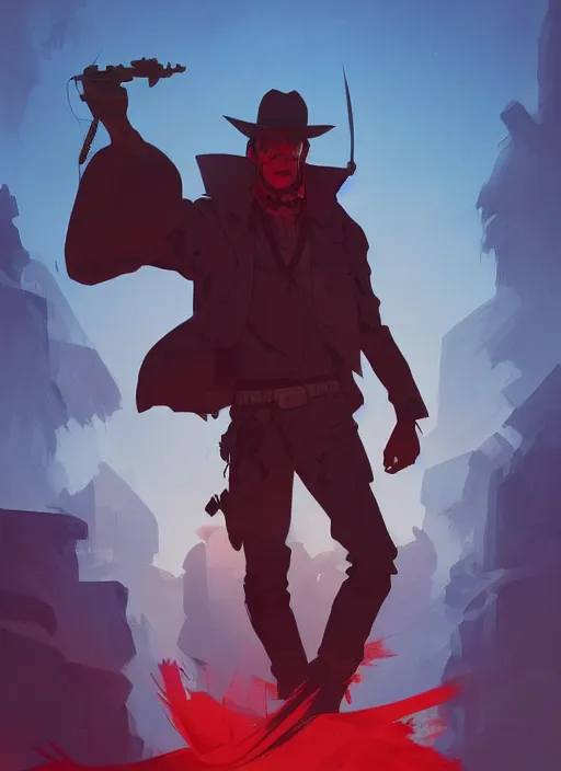 Prompt: western man with blood on their hands, in the style of artgerm and charlie bowater and atey ghailan and mike mignola, vibrant colors and hard shadows and strong rim light, comic cover art, plain background, trending on artstation