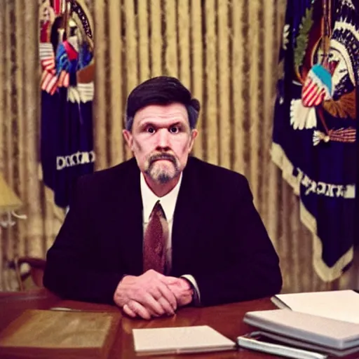 Prompt: a photograph of the unabomber wearing a suit in the oval office