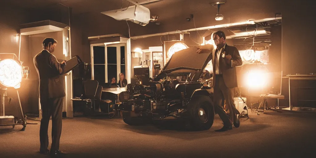 Image similar to a man in a brown suit holding a homemade time machine, cinematic, 5 0 mm lens, dramatic lighting, shot on arri alexa, filmic