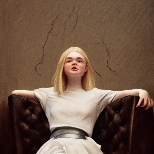 Image similar to Elle Fanning sitting on a white leather chair in the world of Samuel Adoquei, head and shoulders portrait, stormy weather, extremely detailed masterpiece, oil on canvas, low-key neon lighting, artstation, Blade Runner 2049, Roger Deakin’s cinematography, by J. C. Leyendecker and Peter Paul Rubens and Edward Hopper and Michael Sowa,