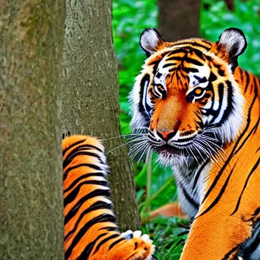 Prompt: tiger in the forest children drawing stripes orange sky palm tres sharp claws and teeth