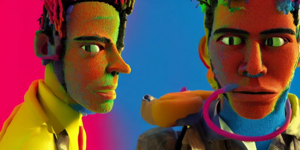 Prompt: a perfect bust of Jean-Michel Basquiat made out of rainbow ethereal pipe cleaners, 3D cinematic lighting, 90 degree spotlighting, photorealism, octane render, depth of field, 8k, 35mm, artgem, Trending on artstation