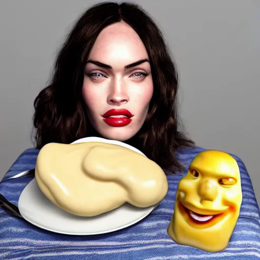 Image similar to mayonnaise in the shape of a human face, human face made out of mayonnaise, megan fox made out of mayonnaise!!!!!, professional food photography, unreal engine