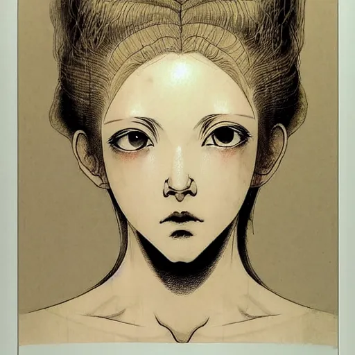 Image similar to prompt: Fragile looking vessle portrait face drawn by Katsuhiro Otomo, inspired by Carlo Dolci, magical and alchemical objects on the side, soft light, white background, intricate detail, intricate ink painting detail, sharp high detail, manga and anime 2000