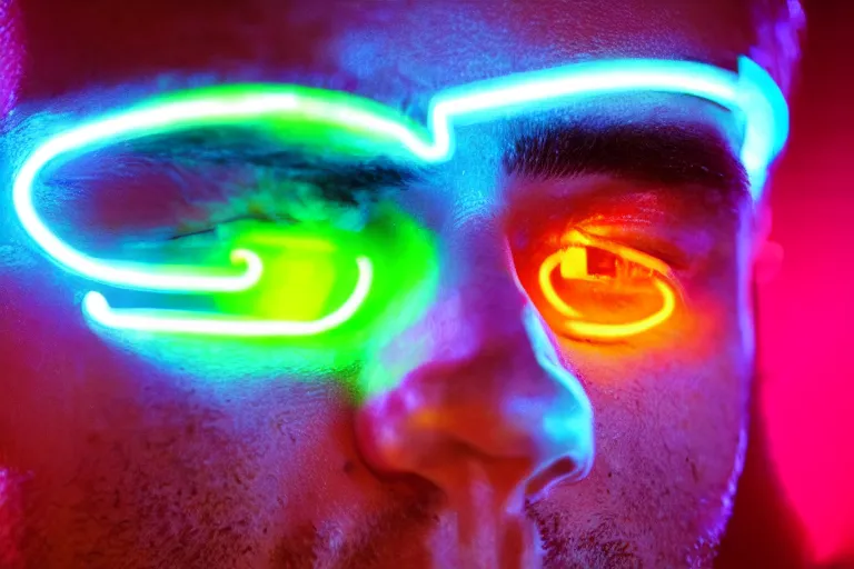 Image similar to handsome man, posing for the camera, neon lighting, closeup!!!!!!, macro!!!!!!, 3 5 mm!!!!!! lens, comprehensive art, neon!!!!!! atmosphere, intricately detailed, indistinguishably unique, 4 k, 8 k, detailed facial features