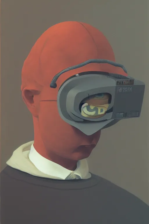 Image similar to Satoshi Nakamoto wearing oculus and bitcoin over his head Edward Hopper and James Gilleard, Zdzislaw Beksisnski, highly detailed