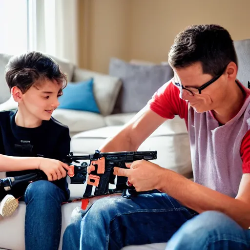Prompt: happy family assembling machine guns in their living room on a bright sunny day