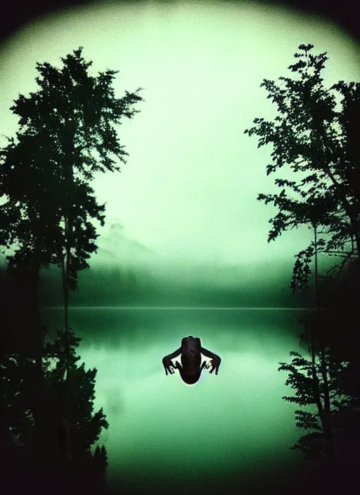 Image similar to “smiling frog vertically hovering over misty lake waters in jesus christ pose, low angle, long cinematic shot by Andrei Tarkovsky, paranormal, eerie, mystical”