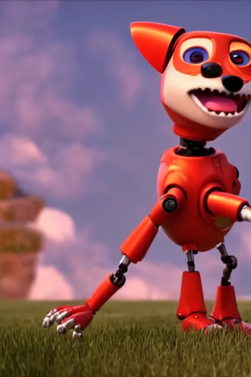 Prompt: Robot dog spins around its axis trying to bite his own tail. Pixar Disney 4K render 3d funny animation movie Oscar winning