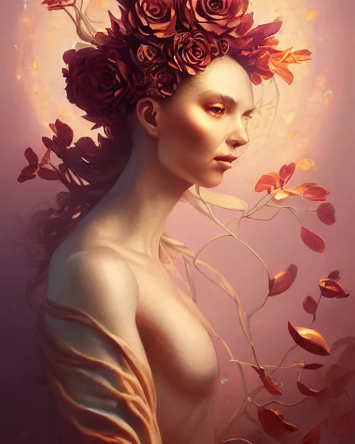 Prompt: rose gold carved mahogany beauty portrait, fauna flora explosion of beautiful petals, radiant light, artgerm, peter mohrbacher, fantasy art