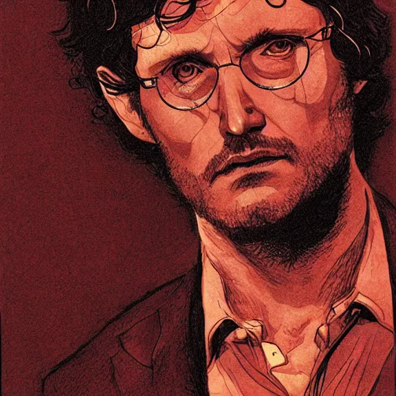 Image similar to will graham, hannibal, red, dark, by jean giraud, golden ratio, environment, hyper detail, concept artbook