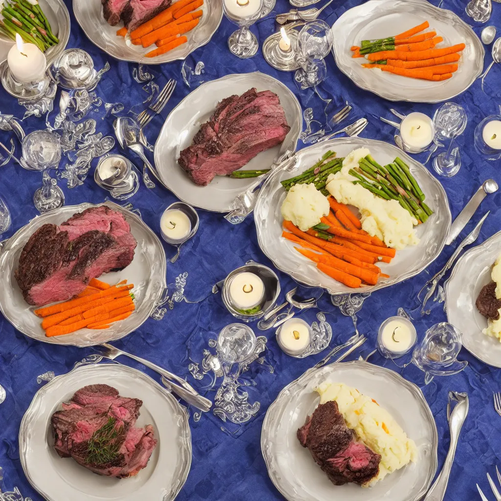 Prompt: product shot of a five - star dinner with prime rib, asparagus, mashed potatoes and gravy, and steamed carrots with blue table cloth and lit candles in ornate silver candlesticks, ultra - realistic, photo realism, professional photograph, extreme detail, deep focus, laser sharp, volumetric lighting, atmospheric, five - star, luxury, elite