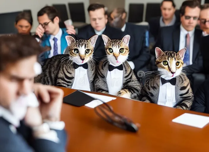 Image similar to photo of cats dressed in suits attending a board meeting. Highly detailed 8k. Intricate. Sony a7r iv 55mm. Stock photo.