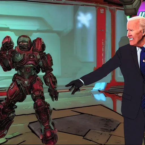 Image similar to joe biden arguing with the doom slayer 4 k