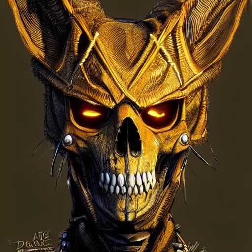 Prompt: a golden jackal skull face african warrior, Apex Legends character digital illustration portrait design, by android jones, detailed, cinematic lighting, wide angle action dynamic portrait