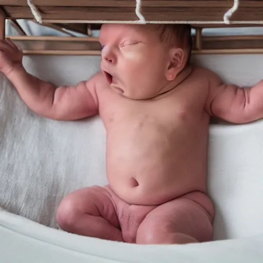 Prompt: a beefed up extremely muscular newborn little baby in a crib, genetically engineered, rippling muscles, huge veins, bulging muscles, ripped, flexing, intense expression, award winning photography, high detail