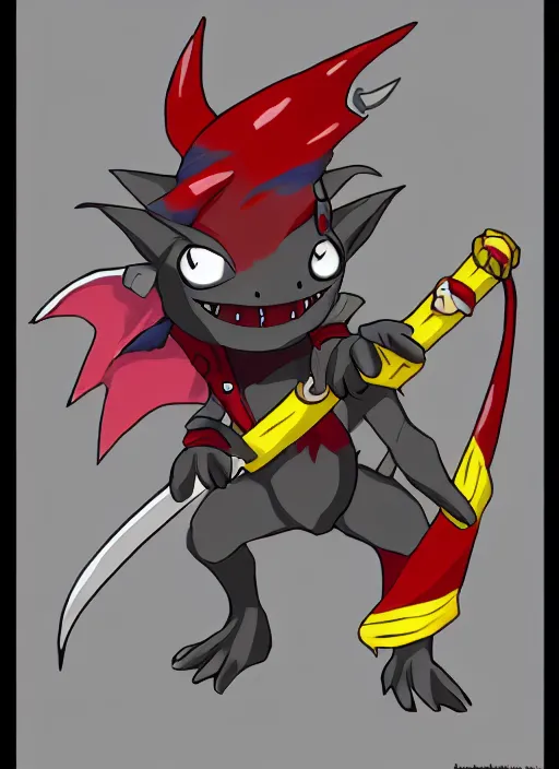 Image similar to anime grey and red kobold swashbuckler with yellow eyes and small wings, full body, anime style, anime