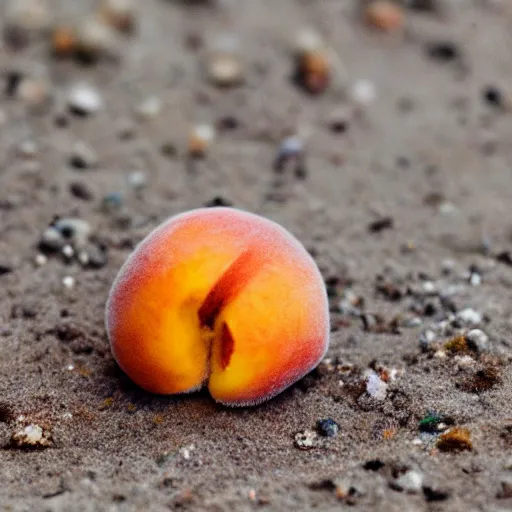 Image similar to a female peach with eyelashes and long legs walking on the beach, macro photo, highly detailed