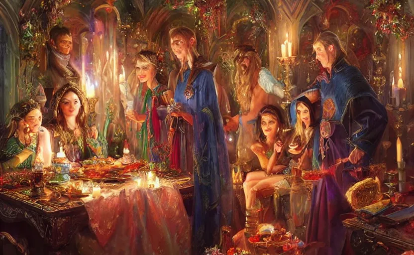 Prompt: The night of the magical ritual of the 5 elven sorcerers. By Konstantin Razumov, highly detailded