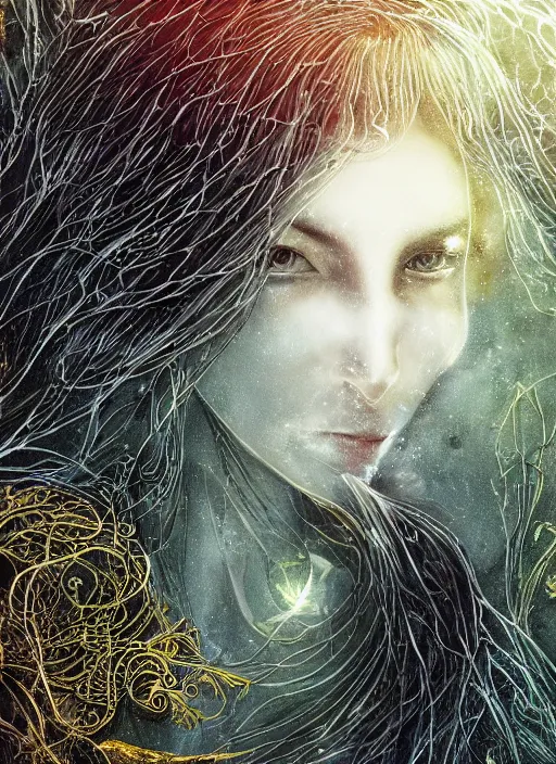 Image similar to glowing silver and golden elements, full close-up portrait, A beautiful dark witch in front of the full big moon, book cover, green forest, red white black colors, establishing shot, extremly high detail, foto realistic, cinematic lighting, pen and ink, intricate line drawings, by Yoshitaka Amano, Ruan Jia, Kentaro Miura, Artgerm, post processed, concept art, artstation, matte painting, style by eddie, raphael lacoste, alex ross