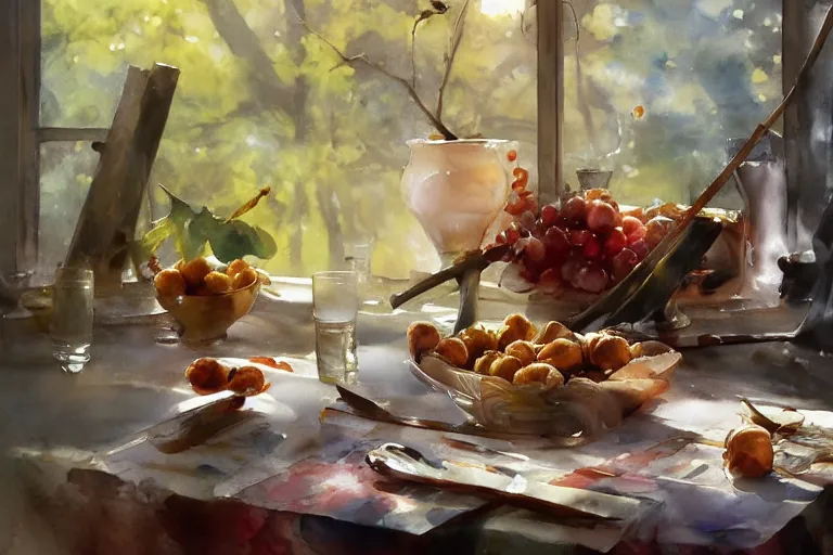 Prompt: paint brush strokes, abstract watercolor painting of hazelnuts on table cloth, leaves, art by hans dahl, by jesper ejsing, art by anders zorn, wonderful masterpiece by greg rutkowski, cinematic light, american romanticism by greg manchess, creation by tyler edlin