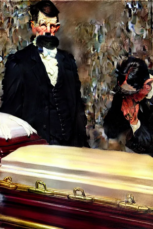 Image similar to a sad man mourning over a casket by sydney prior hall and alfred stevens and sherree valentine daines and norman rockwell, casket, highly detailed, deep shadows, accurate face, hyperrealism