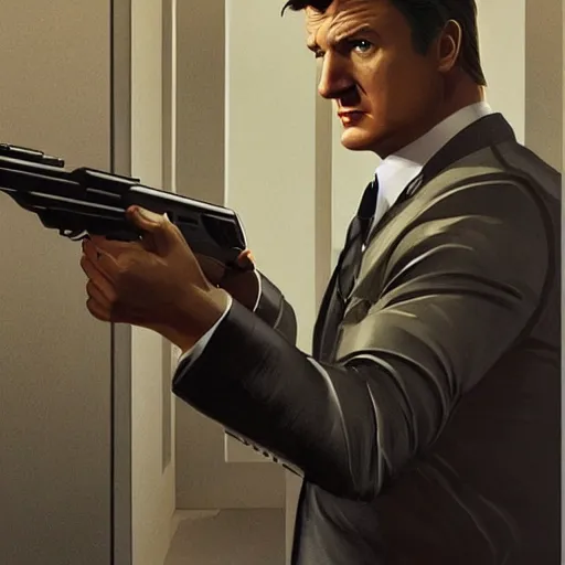 Prompt: Nathan Fillion as James Bond in Goldeneye 007 silently dispatching a guard on the toilet in facility , D&D, cinematic, intricate, elegant, highly detailed, movie still, artstation, concept art, smooth, sharp focus, illustration, art by artgerm and greg rutkowski and alphonse much