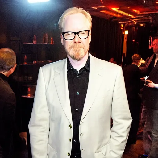 Image similar to adam savage in a fancy suit by a upscale party