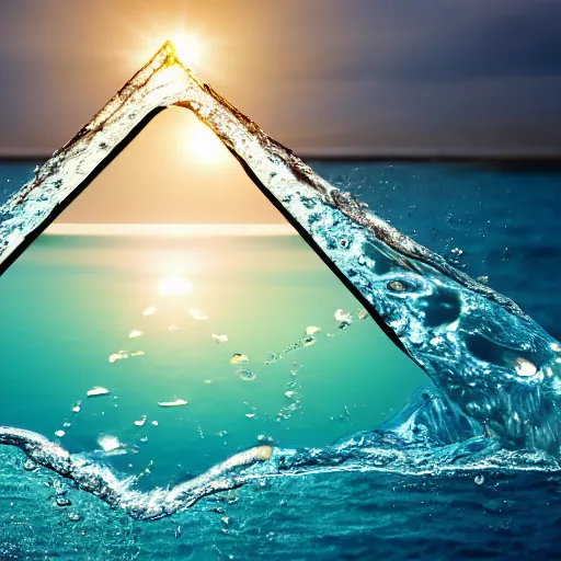 Prompt: water artwork manipulation inside the shape of a downward - facing triangle, on the ocean water, ray tracing, realistic water, focus, long shot, 8 k resolution, cinematic, water art photoshop