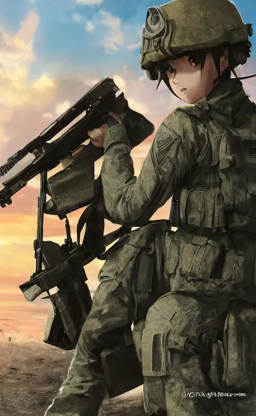 Image similar to girl, trading card front, future soldier clothing, future combat gear, realistic anatomy, war photo, professional, by ufotable anime studio, green screen, volumetric lights, stunning, military camp in the background, metal hard surfaces, generate realistic face, brown eyes, strafing attack plane