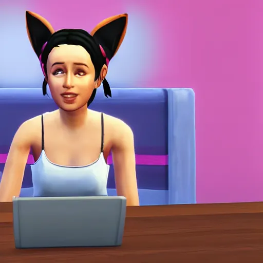 Image similar to cute woman wearing tank top and cat ears plays on computer, sims 4 graphics style