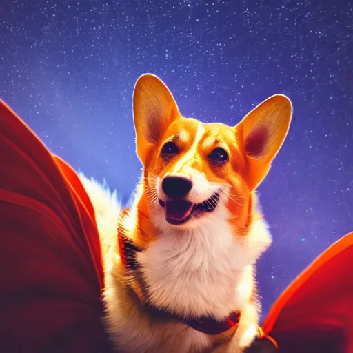 Image similar to corgi attaining [ angelic wings ]!!, [ flying like a superhero ]!! in the [ night sky ]!! where the stars are visibly perceptible, [ realistic photo ]!!, [ 4 k photorealism ]!!, trending on unsplash