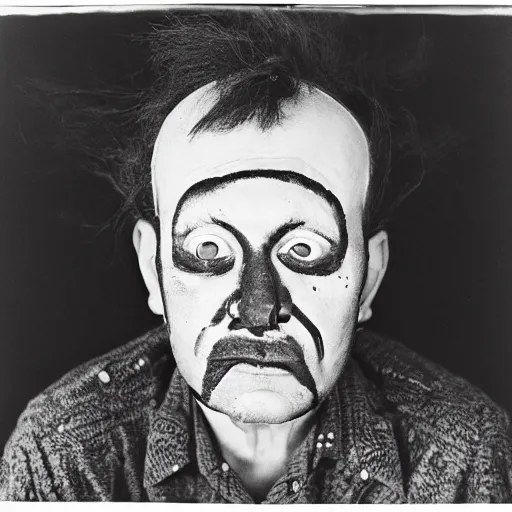 Prompt: portrait of a crazy man with painted face by Diane Arbus, 50mm, black and white photography