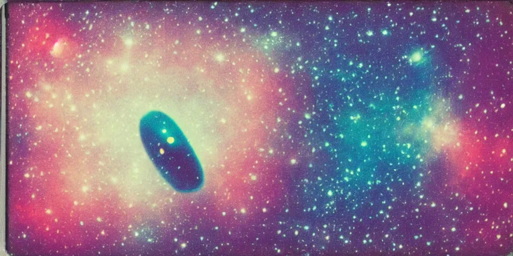 Prompt: polaroid photo of an ufo in a colourful galaxy, twinkling stars, cyan blue pink and red color bleed, slight lens glare