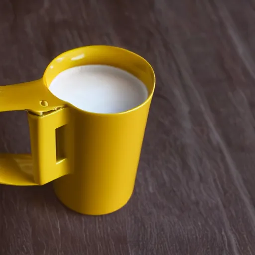 Image similar to yellow coffee mug, mugs surface is similar to a rimowa aluminium suitcase, mug is full of steaming coffee