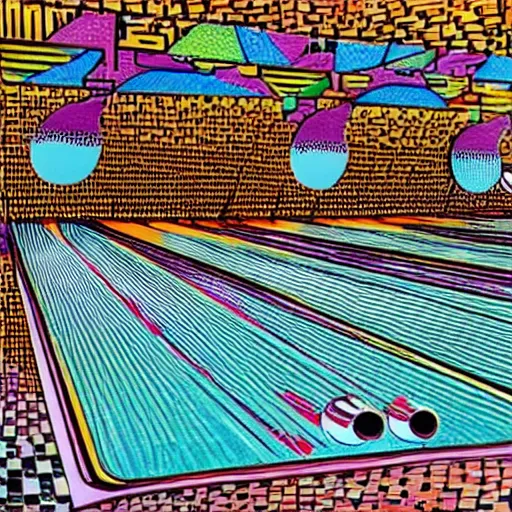 Image similar to a bowling alley in the style of howard arkley