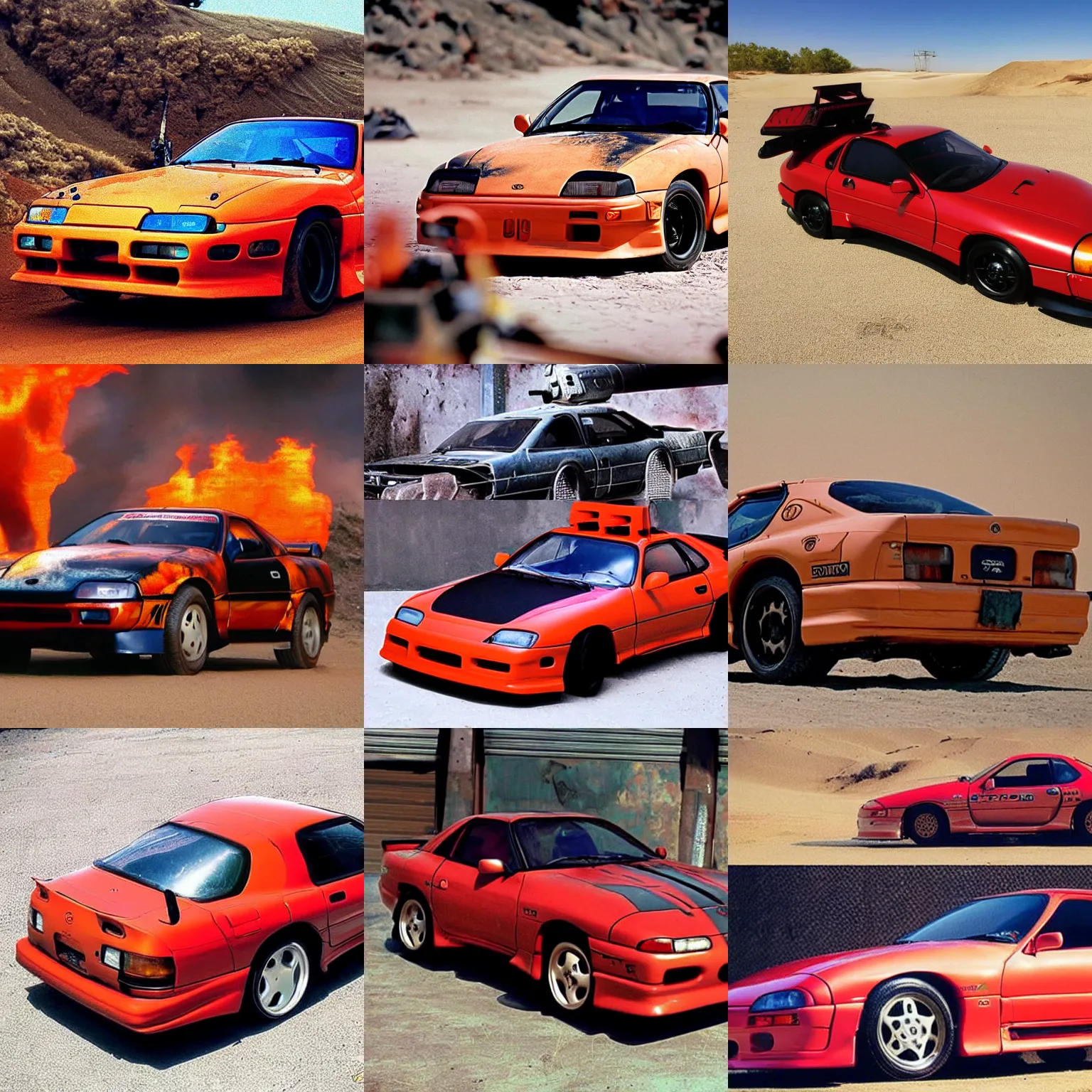 Prompt: 1995 toyota Supra Turbo with guns on it and a paint job that looks like fire, from the movie mad max fury road, photo