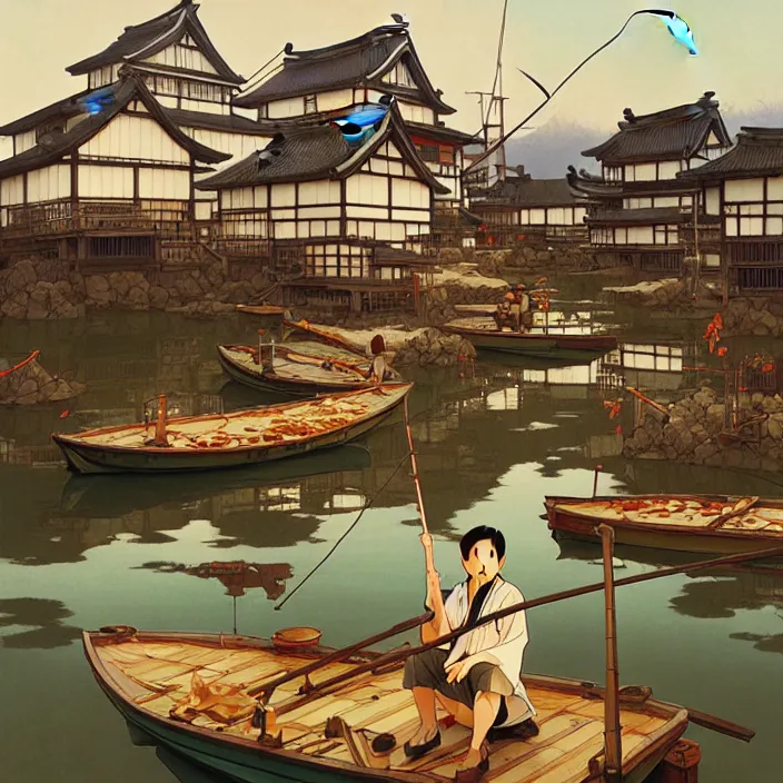 Image similar to japanese fishing village, spring, in the style of studio ghibli, j. c. leyendecker, greg rutkowski, artem