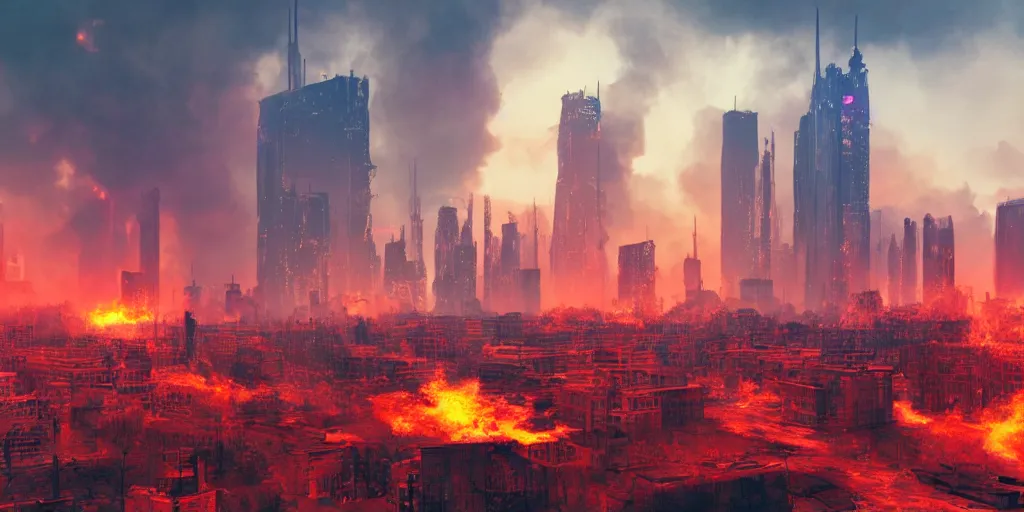 Image similar to cyberpunk moscow, burning houses, demons, evacuation of the city, red horizon, fire on the background